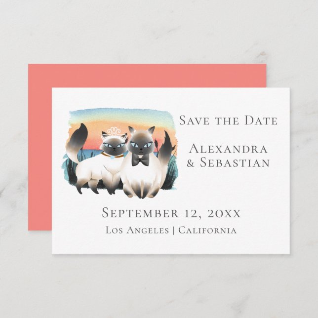 Cute Siamese Cat Couple Save The Date Wedding Invitation (Front/Back)