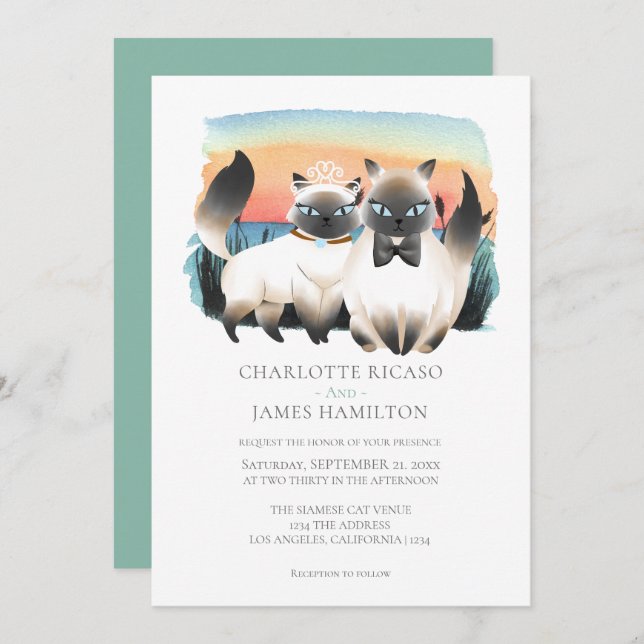 Cute Siamese Cat Couple Wedding Personalized Invitation (Front/Back)