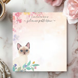 Cute Siamese Cat Floral Personalized Name Notepad<br><div class="desc">Show your love for Siamese cats with this adorable, personalized notepad! A charming illustration of a Siamese cat, with striking blue eyes, peeks out from the lower-left corner, surrounded by delicate flowers and foliage. The soft, pastel background adds to the design's gentle appeal. Customize this notepad with your own text....</div>