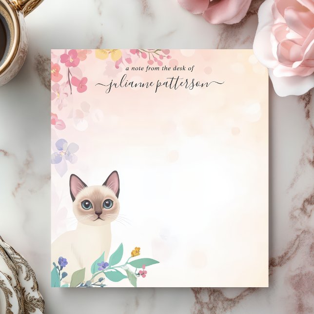 Cute Siamese Cat Floral Personalized Name Notepad (Creator Uploaded)