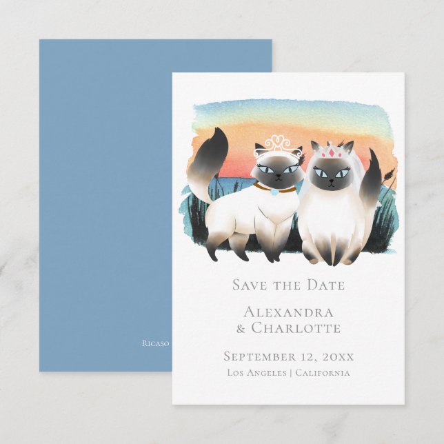 Cute Siamese Cat Gay Couple Save The Date Wedding Invitation (Front/Back)