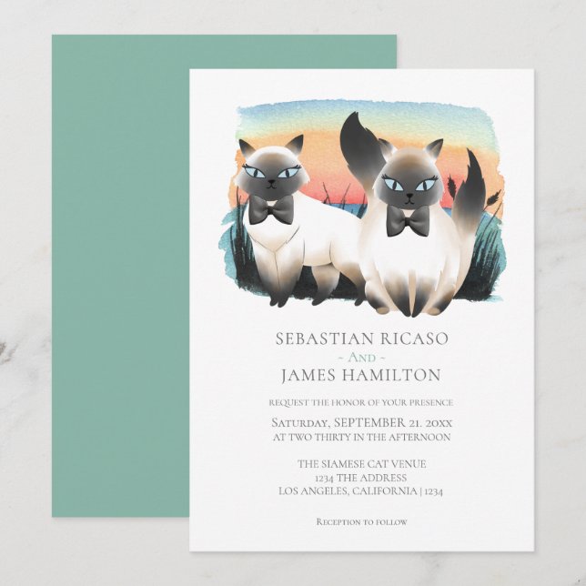 Cute Siamese Cat Gay Couple Wedding Personalized Invitation (Front/Back)