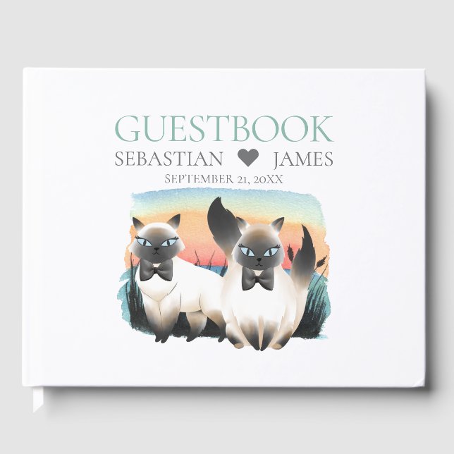 Cute Siamese Cat Gay Grooms Couple Wedding Guest Book (Front)