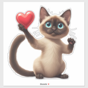 Cute Siamese Cat Hugging Red Heart With Love 💕 Sticker