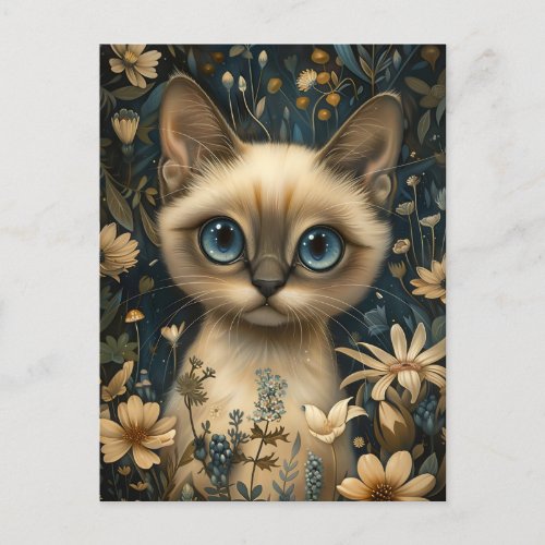 Cute Siamese Cat in a Flower Garden _ Whimsical Postcard