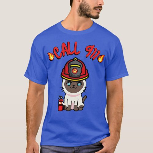 Cute Siamese cat is a firefighter T_Shirt