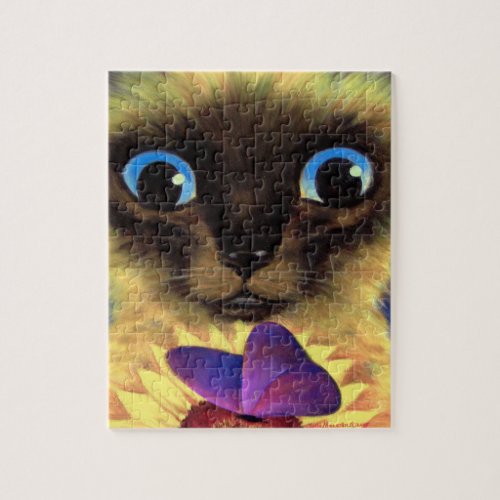 Cute Siamese Cat Kitten Close Up Face Butterfly Jigsaw Puzzle