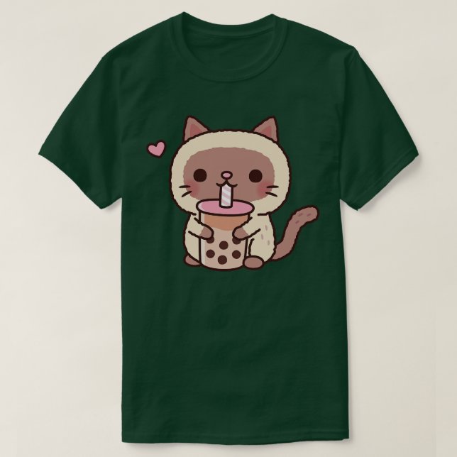 Cute Siamese Cat Loves Drinking Bubble Tea T-Shirt (Design Front)