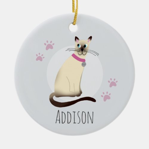 Cute Siamese Cat Paw Prints Happy Holiday Ceramic Ornament