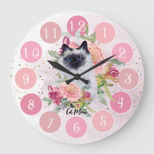 Cute Siamese Cat Pink Flower Girly Large Clock