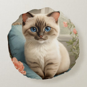 Cute Siamese Cat Round Pillow