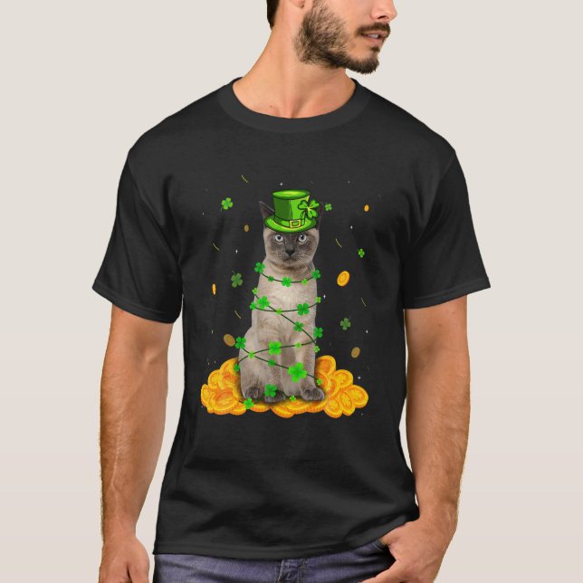 Cute Siamese Cat St Patricks Day Irish Shamrock T-Shirt (Front)