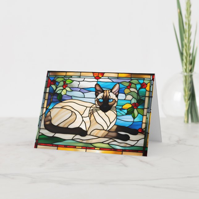 Cute Siamese Cat Stained Glass Greeting Card (Front)