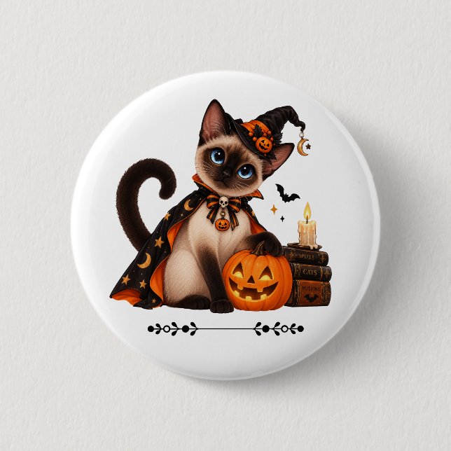 Cute Siamese Cat Witch Halloween Button (Front)