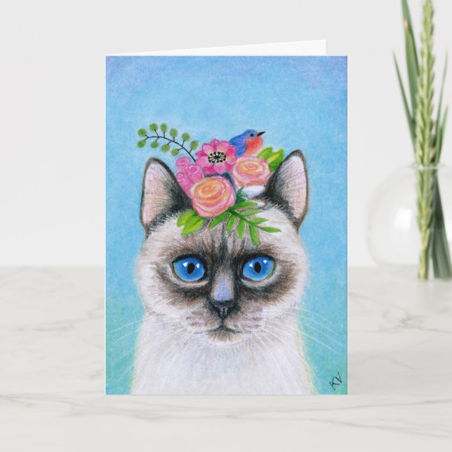 Cute Siamese Cat with Flower Hat Holiday Card (Front)