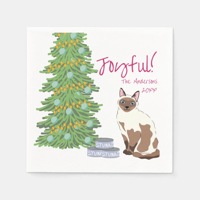Cute Siamese Cat with Tuna Christmas Joyful Napkins (Front)