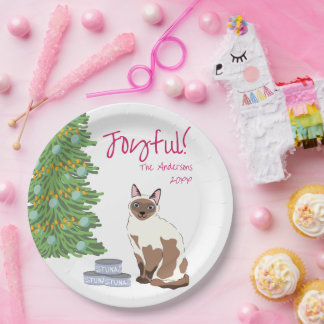 Cute Siamese Cat with Tuna Joyful Christmas Paper Plates