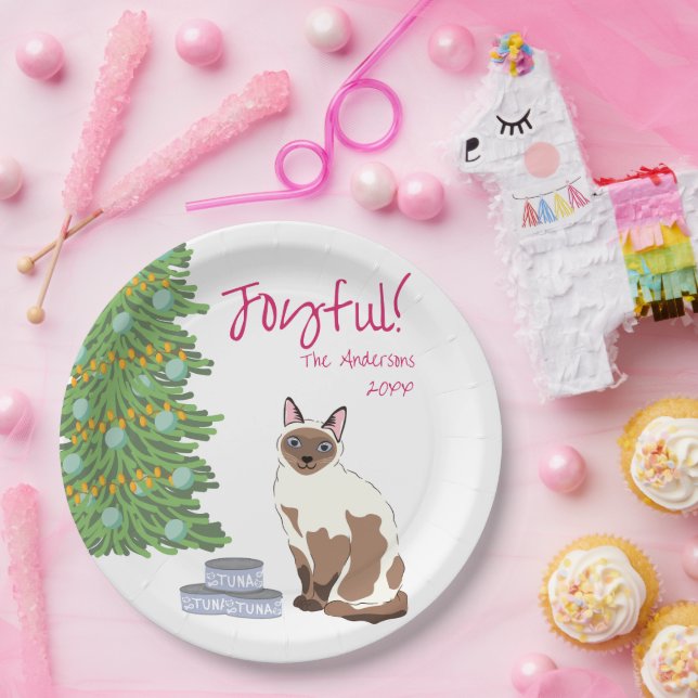 Cute Siamese Cat with Tuna Joyful Christmas  Paper Plates (Party)