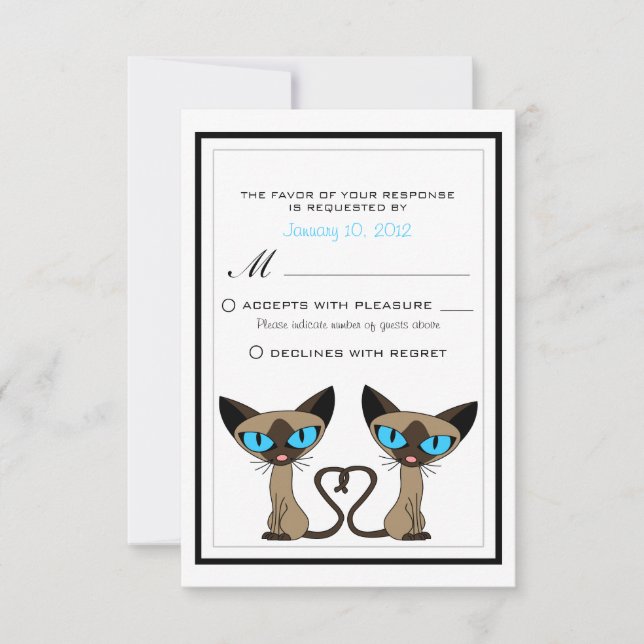 Cute Siamese Cats Tail Heart Wedding RSVP Card (Front)