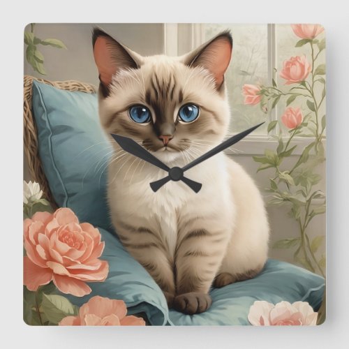 Cute Siamese Kitten Square Wall Clock