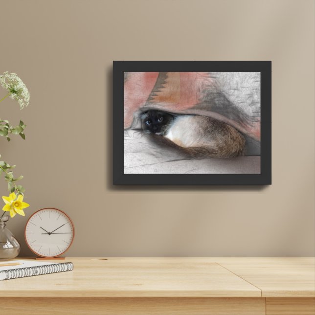 Cute Siamese Kitten Under A Blanket Sketch Framed Art (Table Top)