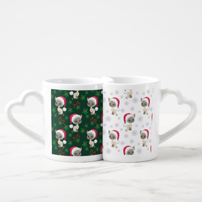 CUTE SIAMESE KITTY CATS WITH SANTA HATS COFFEE MUG SET (Front Nesting)