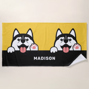 Cute Siberian Huskies custom name Beach Towel