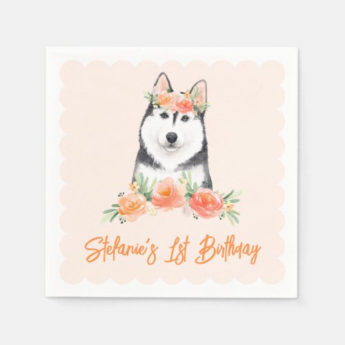 Cute Siberian Husky and Peach Flowers Birthday Napkins