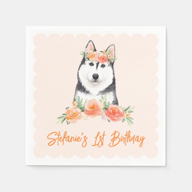 Cute Siberian Husky and Peach Flowers Birthday Napkins (Front)