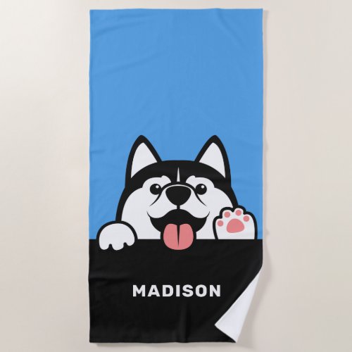 Cute Siberian Husky custom name Beach Towel