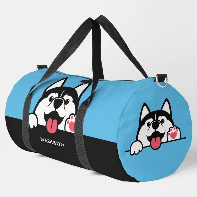Cute Siberian Husky custom name & color Duffle Bag (Left Corner)