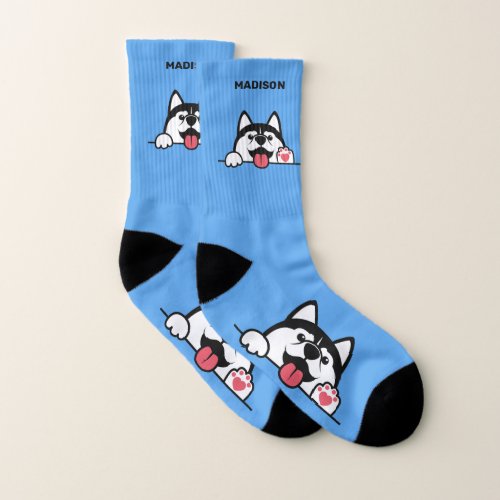 Cute Siberian Husky custom name  color Socks
