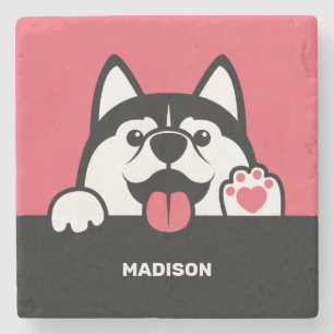 Cute Siberian Husky custom name & color Stone Coaster