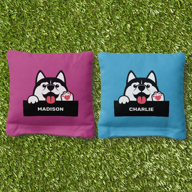 Cute Siberian Husky custom names Cornhole Bags (Grass)