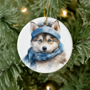 Cute Siberian Husky Dog Christmas Ceramic Ornament