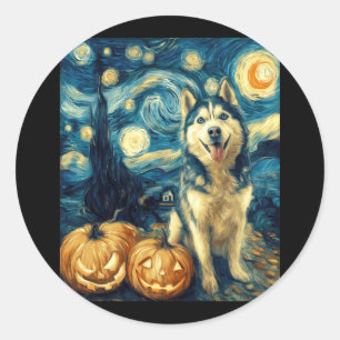Cute Siberian Husky Dog Halloween Jack O Lantern P Classic Round Sticker