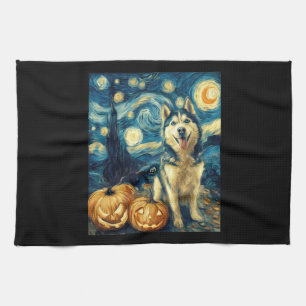Cute Siberian Husky Dog Halloween Jack O Lantern P Kitchen Towel