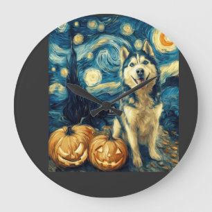 Cute Siberian Husky Dog Halloween Jack O Lantern P Large Clock