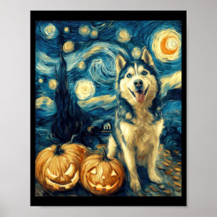 Cute Siberian Husky Dog Halloween Jack O Lantern P Poster