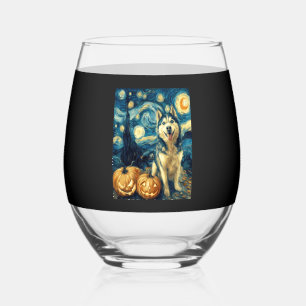 Cute Siberian Husky Dog Halloween Jack O Lantern P Stemless Wine Glass