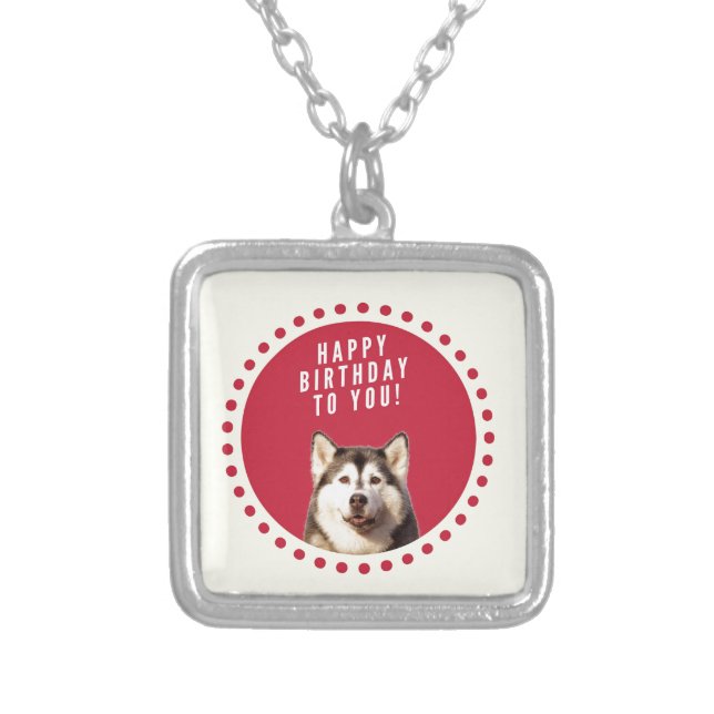 Cute Siberian Husky Dog Happy Birthday Silver Plated Necklace (Front)