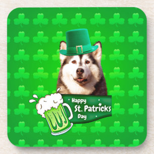 Cute Siberian Husky Dog Hat St. Patrick's Day Drink Coaster