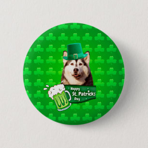 Cute Siberian Husky Dog Hat St. Patrick's Day Pinback Button