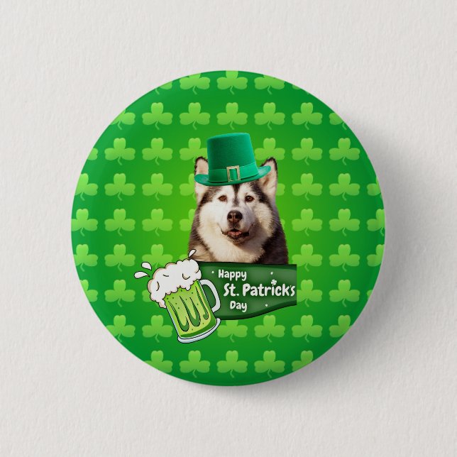 Cute Siberian Husky Dog Hat St. Patrick's Day Pinback Button (Front)