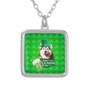 Cute Siberian Husky Dog Hat St. Patrick's Day Silver Plated Necklace