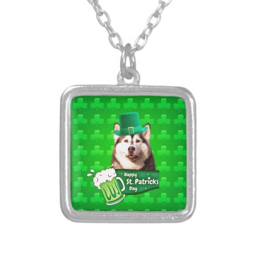 Cute Siberian Husky Dog Hat St Patricks Day Silver Plated Necklace