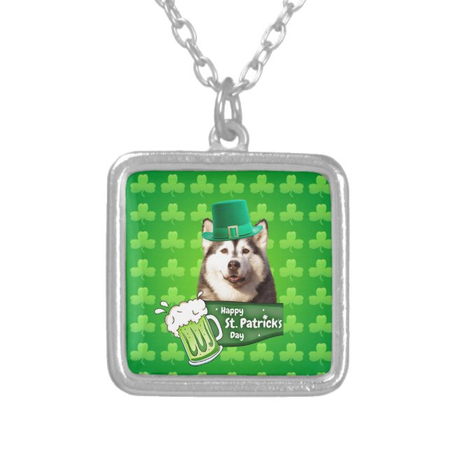 Cute Siberian Husky Dog Hat St. Patrick's Day Silver Plated Necklace (Front)