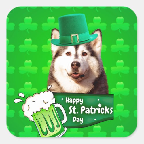 Cute Siberian Husky Dog Hat St Patricks Day Square Sticker