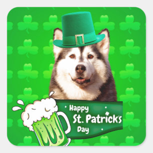 Cute Siberian Husky Dog Hat St. Patrick's Day Square Sticker