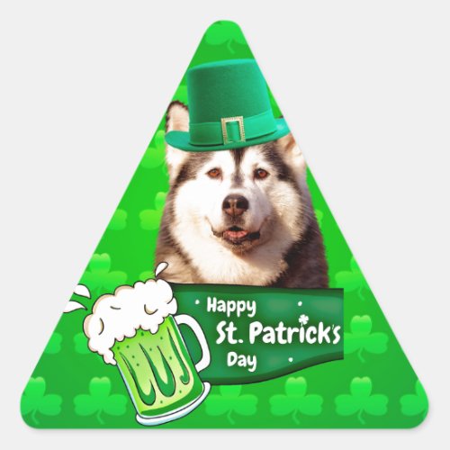 Cute Siberian Husky Dog Hat St Patricks Day Triangle Sticker